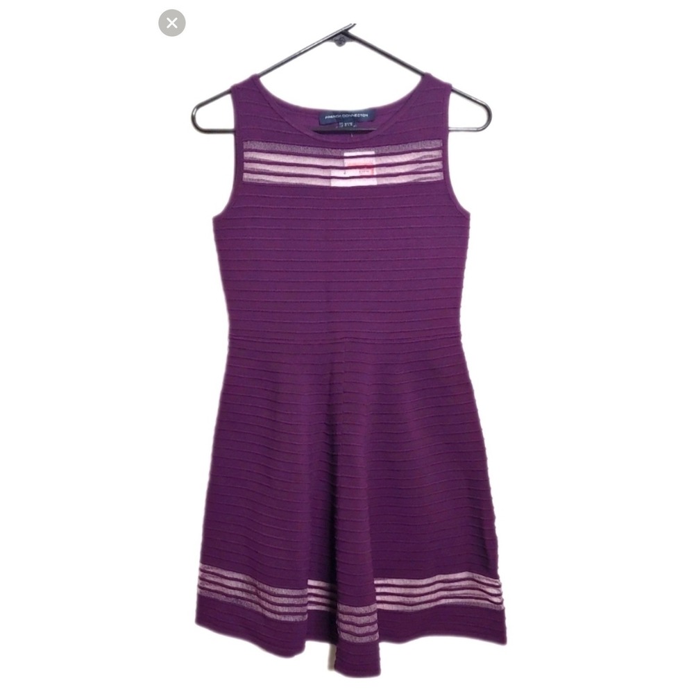 French Connection Plum Ribbed Knit Dress 6 Sheer Mesh Sleeveless Coquette Party
